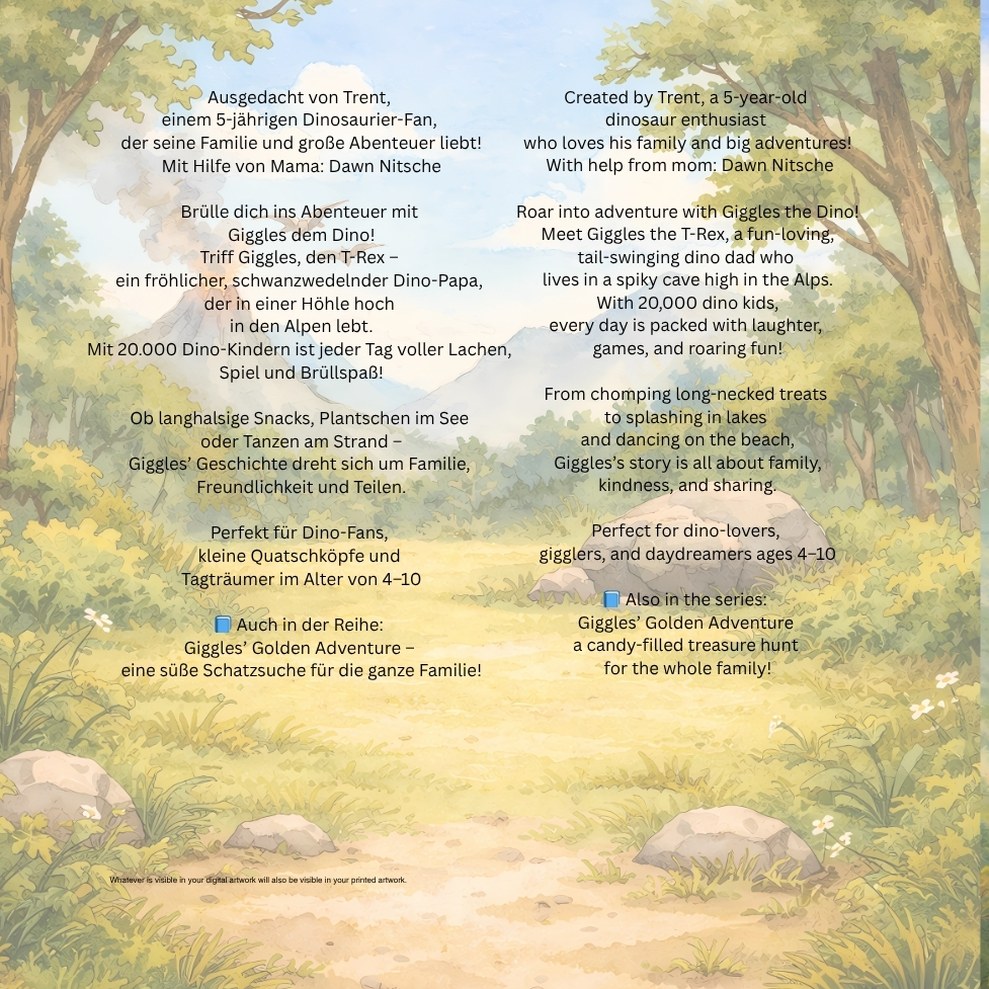 Back cover of Giggles the Dino: Don't Be Afraid with the story blurb in English and German