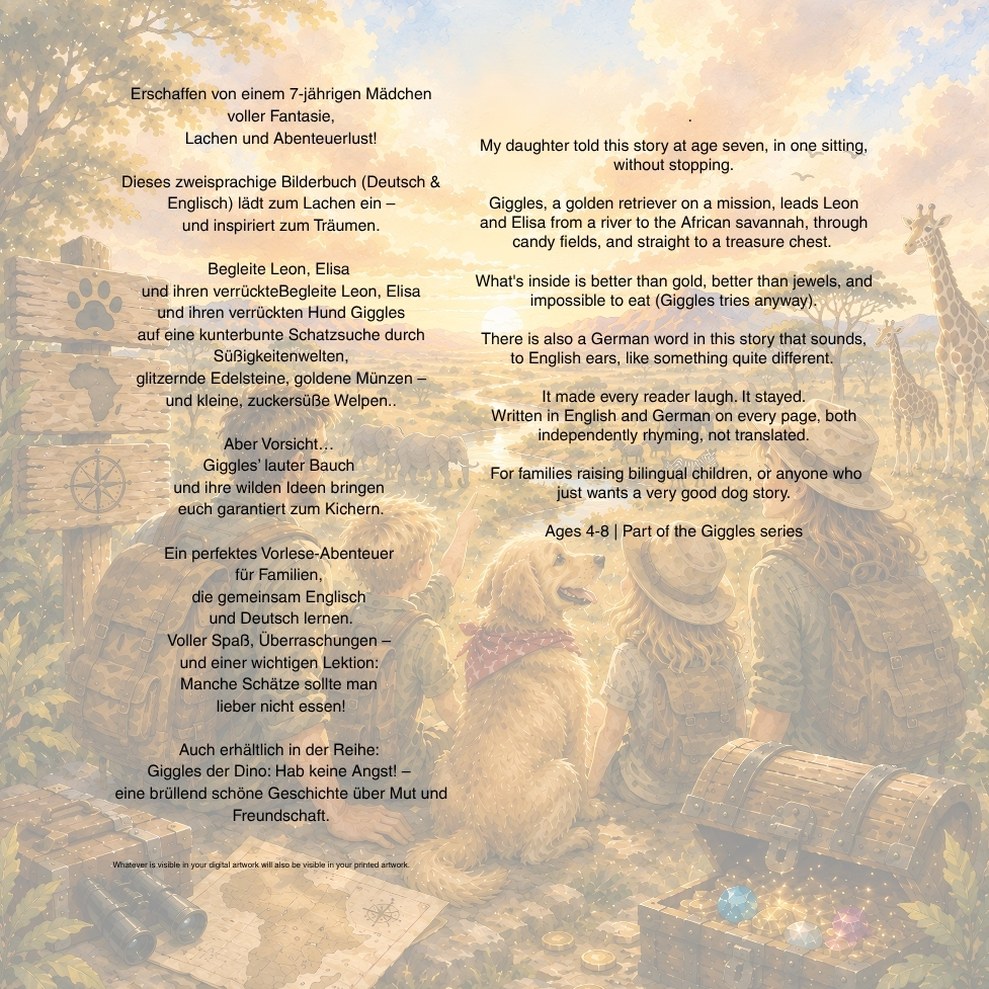 Back cover of Giggles' Golden Adventure with the story blurb in English and German