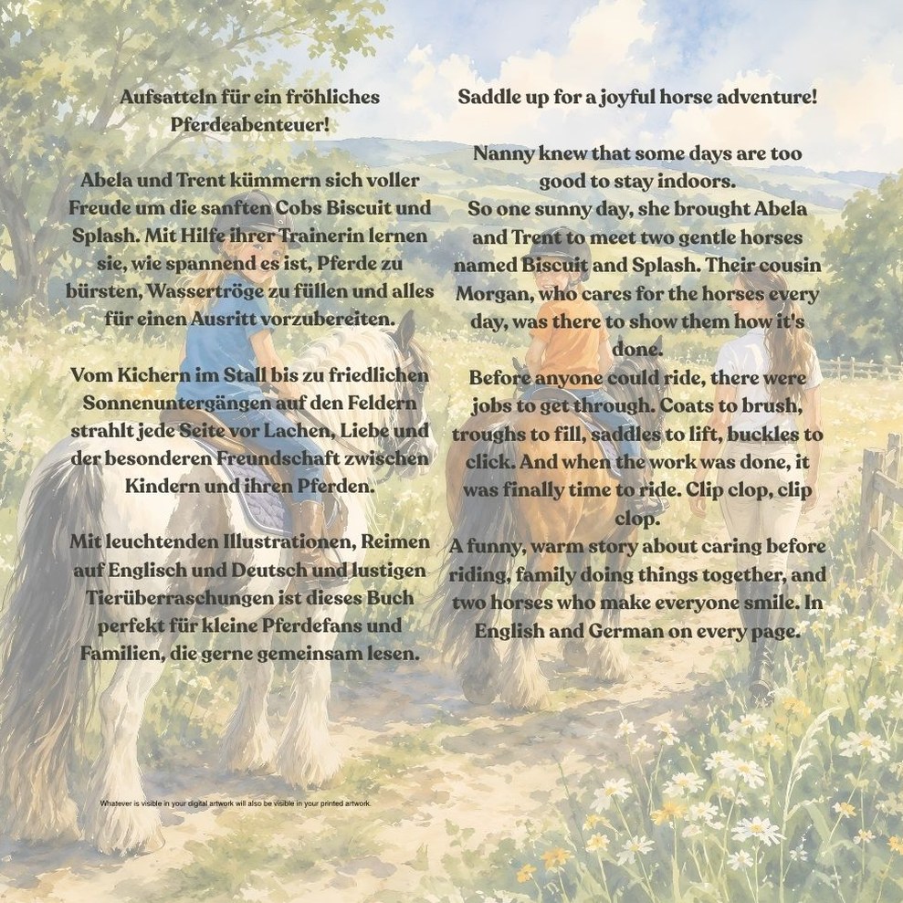 Back cover of Joyful Hooves and Gentle Hearts with the story blurb in English and German