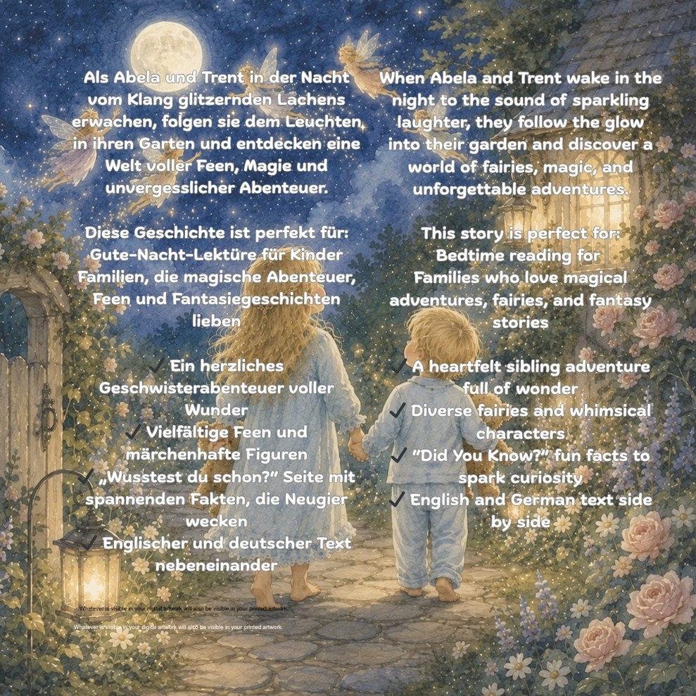 Back cover of Abela and Trent's Adventure with Magical Little Friends with the story blurb in English and German