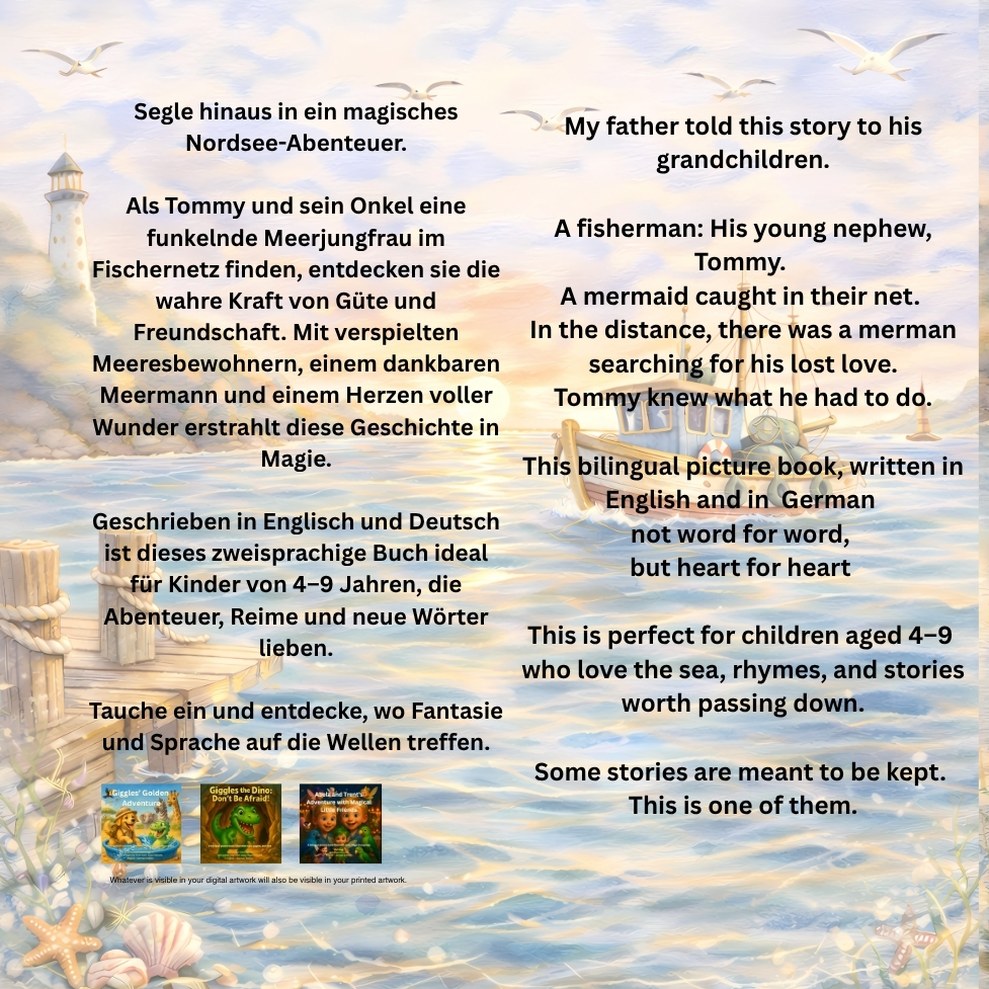 Back cover of Where Waves Meet Wonder with the story blurb in English and German