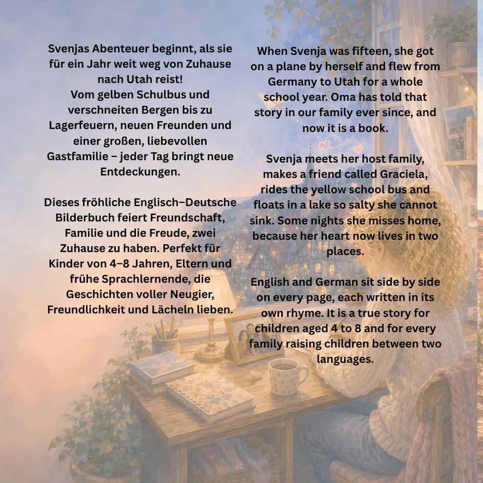 Back cover of A Year Far From Home in Utah with the story blurb in English and German