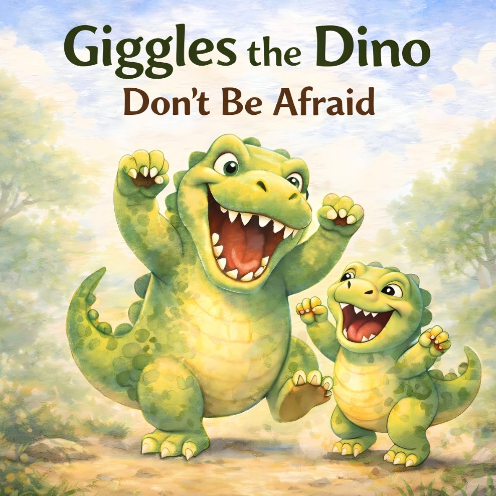 Front cover of Giggles the Dino: Don't Be Afraid, a bilingual English and German children's picture book