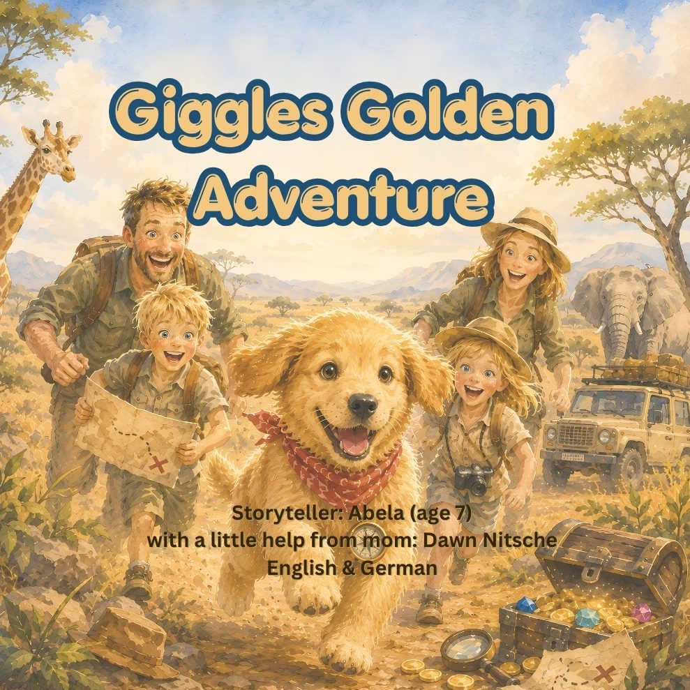 Front cover of Giggles' Golden Adventure, a bilingual English and German children's picture book