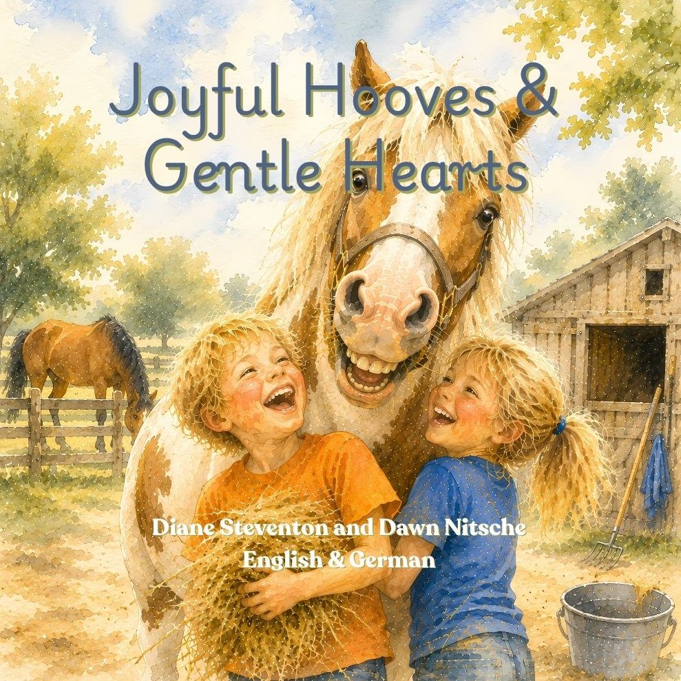 Front cover of Joyful Hooves and Gentle Hearts, a bilingual English and German children's picture book
