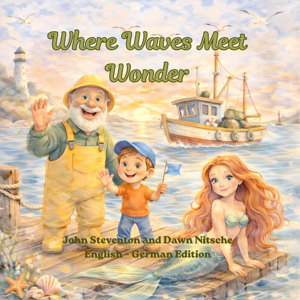 Front cover of Where Waves Meet Wonder, a bilingual English and German children's picture book